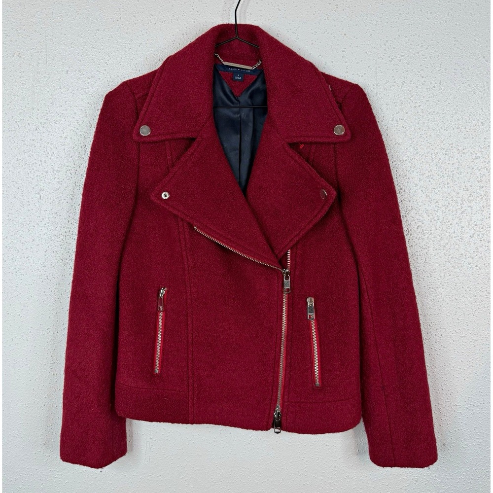 Women's Tommy Hilfiger Red Wool Blend Moto Biker Zip-Up Jacket Size 2